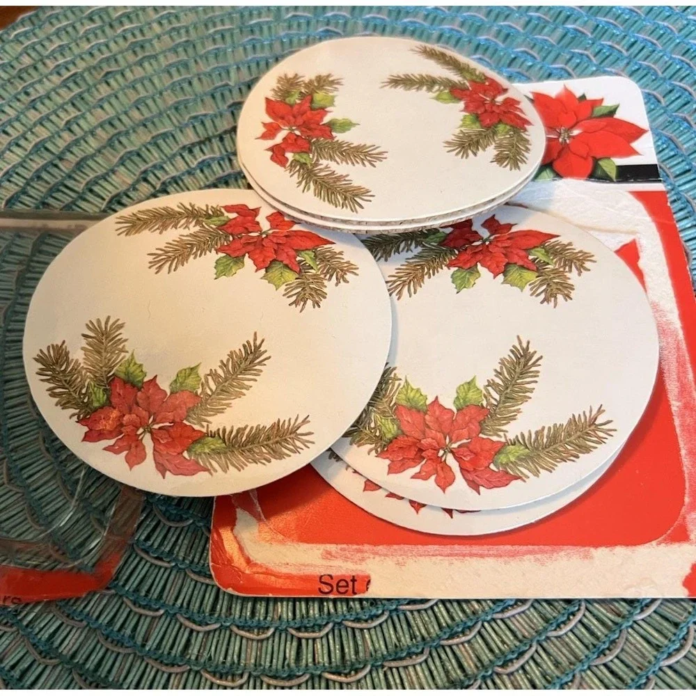 Vintage Conimar Holiday Coasters Poinsettia Pine Cork Set of 6 Christmas 3 3/4
